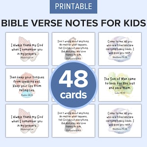 48 notas de versículos bíblicos imprimibles para niños / Tarjetas de aliento / Notas cristianas / Tarjetas con las Escrituras para la lonchera para niños