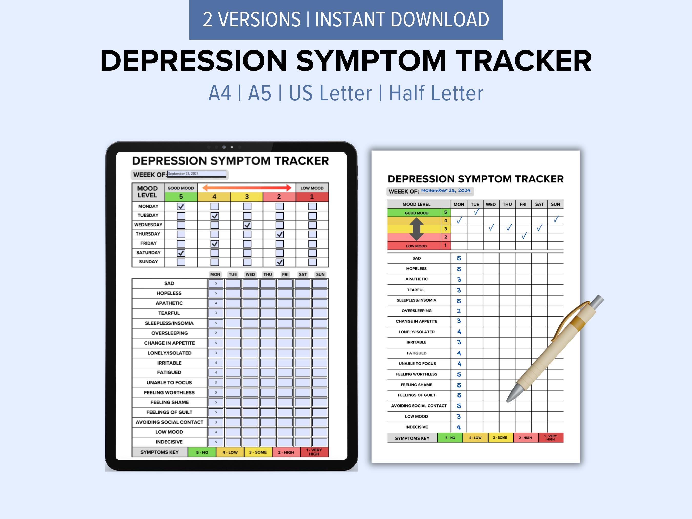 depression symptom tracker printable | mental health wellness
