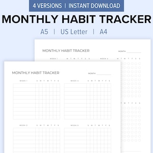 Monthly Habit Tracker Printable | Habit Tracker Template | Goal Tracker | Routine Tracker | 30 Day Habit Challenge | A5, US Letter, A4