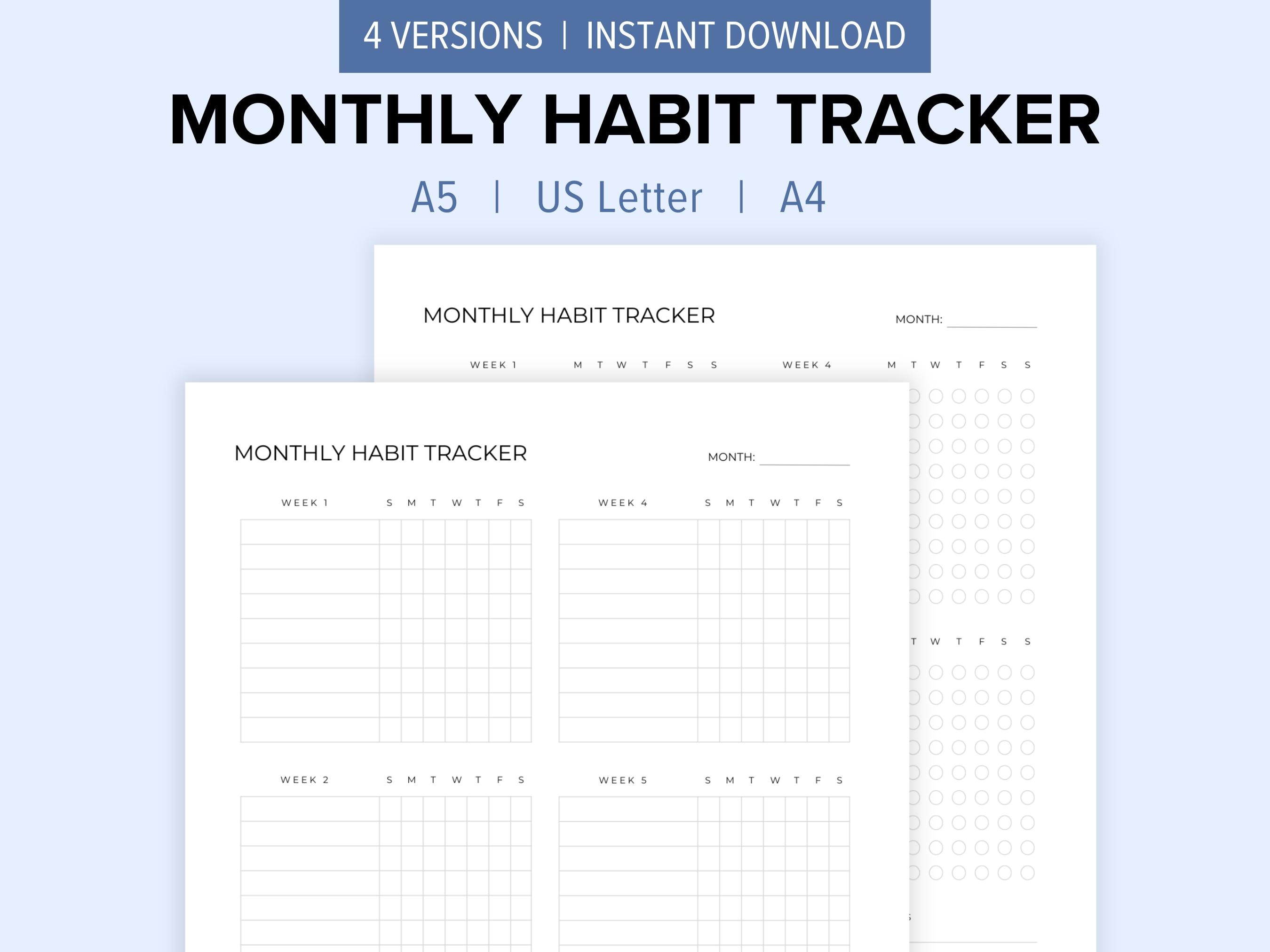 Monthly Habit Tracker Printable A5, US Letter, A4 Fillable & Instant ...