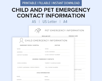 Child Sitting and Pet Sitting Emergency Contact Information Printable | Babysitting Instructions