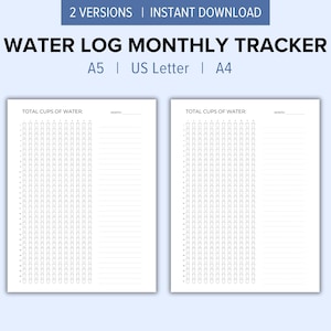 Página de diario imprimible con registro de agua mensual / A5, carta de EE. UU., A4 / Rellenable y descarga instantánea