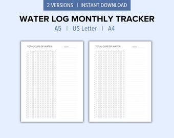 Water Log Monthly Tracker Printable Journal Page | A5, US Letter, A4 | Fillable & Instant Download