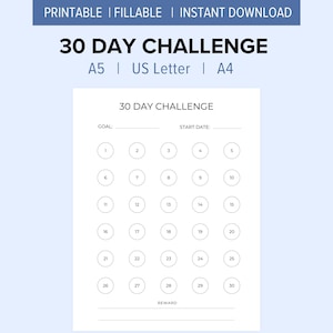 30 Day Challenge Goal Setting Tracker | Savings Challenge | Fitness and Workout Challenge | Progress Tracker | A4, A5, US Letter, Fillable