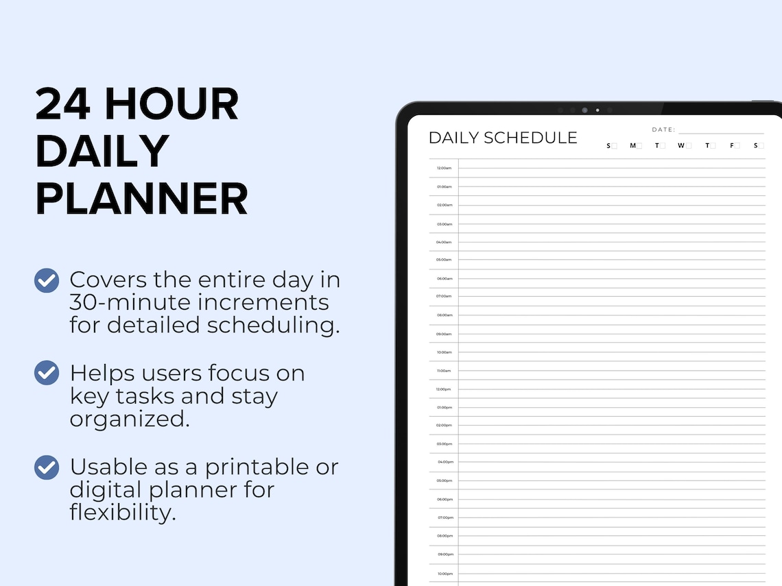 24 Hour Daily Planner With 30 Minute Increments Printable | A5, US ...