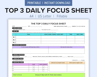 Hoja imprimible con los 3 objetivos principales del día, planificador de prioridades diarias, planificador de productividad, PDF rellenable, tamaños A4 y carta estadounidense.