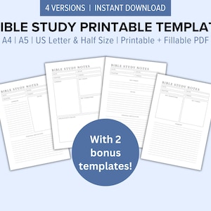 Könnte beinhalten: Vier druckbare Vorlagen für Bibelstudiennotizen in verschiedenen Größen: A4, A5, US Letter und Half Size. Die Vorlagen verfügen über linierte Abschnitte für Notizen, wichtige Erkenntnisse und persönliche Reflexionen. Der Text "BIBLE STUDY NOTES" befindet sich oben auf jeder Vorlage.