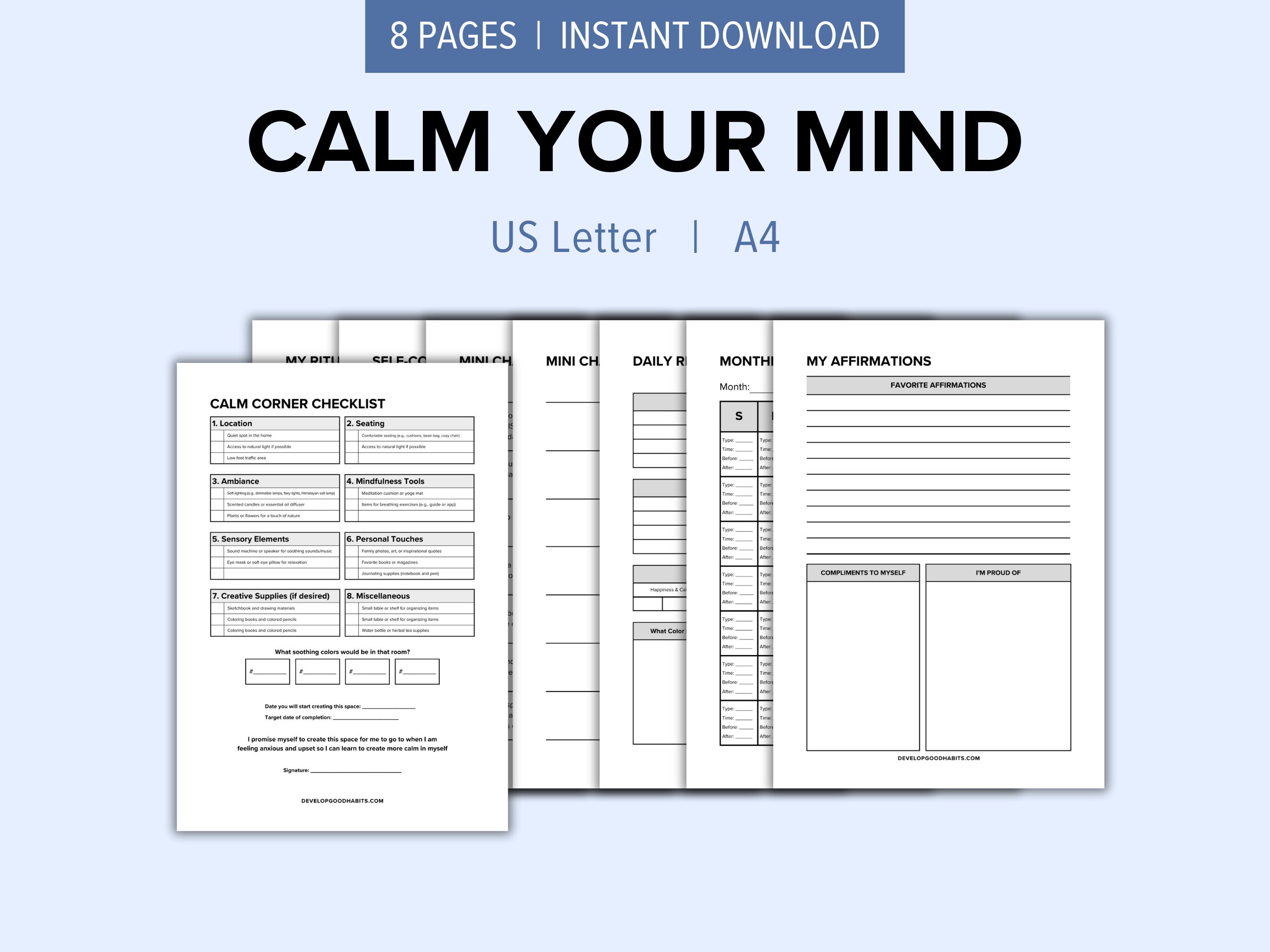 Calm Your Mind Journal Pages Printable Bundle | Stress and Anxiety Reduction | Mental Health | Mindfulness | Self-Care