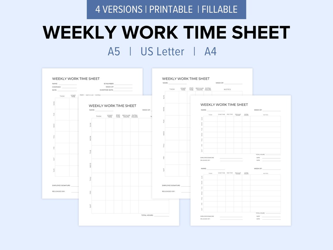Weekly work time sheet printable a5 us letter a4 fillable