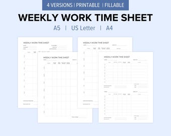Weekly Work Time Sheet Printable | A5, US Letter, A4 | Fillable & Instant Download