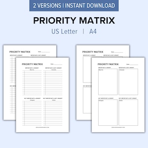Eisenhower Priority Matrix Printable Templates | Daily Planner Decision Matrix | Task Priority | Urgent-Important Quadrants