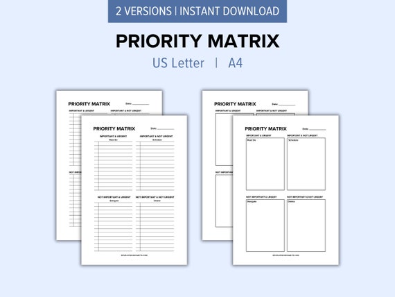 Eisenhower Priority Matrix Printable Templates | Daily Planner Decision Matrix | Task Priority | Urgent-Important Quadrants