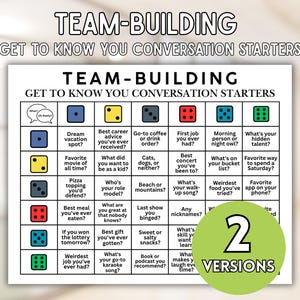Op de afbeelding: Een teambuilding gespreksspel-blad met een raster van gekleurde dobbelsteenpictogrammen en tekstprompts. De kop luidt TEAM-BUILDING GET TO KNOW YOU CONVERSATION STARTERS. Een groene cirkel in de hoek toont de tekst 2 VERSIONS.