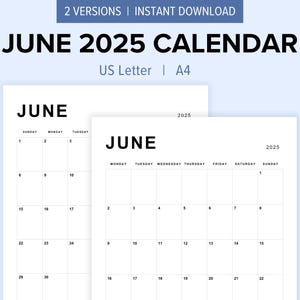 Editable June 2025 Calendar Minimalist Printable | Simple Minimalist Monthly June Planner | US Letter, A4, Fillable