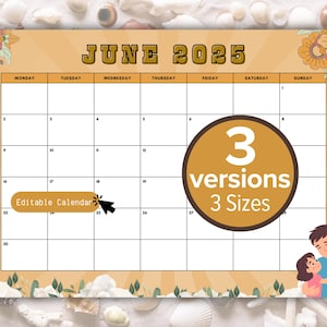 Editable June 2025 Calendar Printable and Father&#39;s Day Theme | Summer Calendar and Planner | 3 Versions | Fillable Summer Calendar
