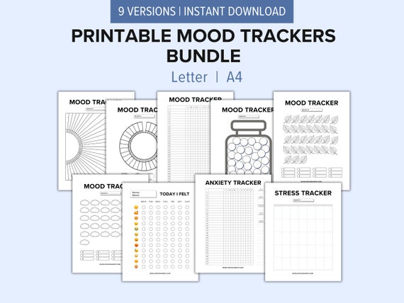 9 Daily Mood Tracker Printable Worksheets | Mental Health Planners | Mood Journaling Pages | Stress and Anxiety Daily Emotions Diary
