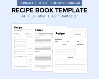 Plantillas imprimibles para recetarios / 3 diseños de páginas de recetas / Tarjetas de recetas imprimibles / PDF digital