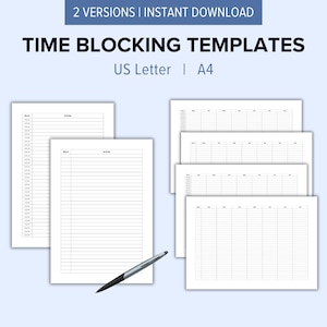 May include: Two printable time blocking templates in US Letter and A4 sizes. Each template has a column for time and a column for activity.