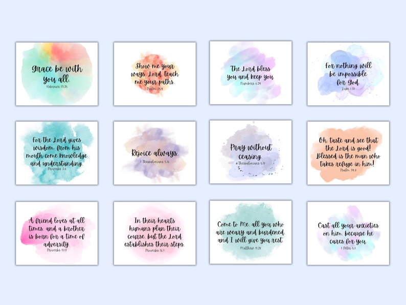 May include: A set of 10 printable cards with watercolor backgrounds and inspirational bible verses. The verses are printed in black text and include quotes about grace, wisdom, joy, prayer, and love.