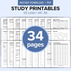 May include: A set of 34 printable study planner pages in black and white. The pages include sections for assignments, class schedules, exam reviews, mind maps, and study schedules. The pages are designed for US Letter, A4, and A5 paper sizes.