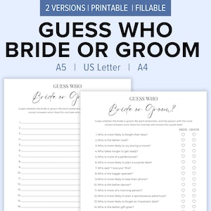Guess Who Bride or Groom  Printable Game | Bridal or Bachelorette Game | Who Knows The Couple Best | Engagement Party