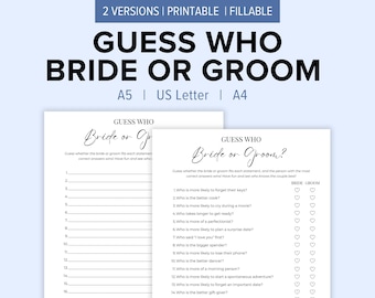 Guess Who Bride or Groom  Printable Game | Bridal or Bachelorette Game | Who Knows The Couple Best | Engagement Party