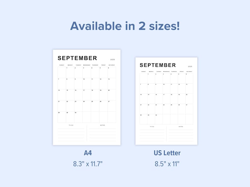 Editable September 2025 Calendar Minimalist Printable US Letter, A4