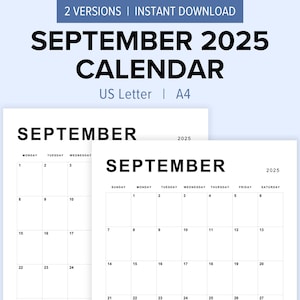 Editable September 2025 Calendar Minimalist Printable | US Letter, A4 | Fillable & Instant Download