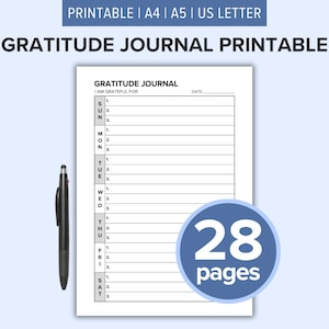 Daily Gratitude Journal Log Printable Worksheet | 30 Days of Gratitude | Mental Health | Mindfulness & Positivity Journal Pages