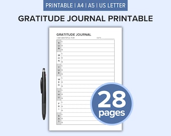 Diario de gratitud imprimible / 30 días, Atención plena (A4, A5, Carta estadounidense)