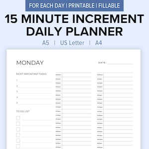 May include: A printable daily planner with a black and white design. The planner is divided into two columns, one for "Most Important Tasks" and one for a 15-minute increment schedule. The planner is labeled "Monday" and has a space for the date.