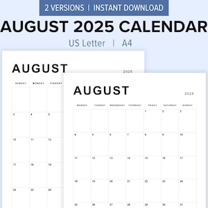 Editable August 2025 Calendar Minimalist Printable | Simple Minimalist Monthly August Planner | US Letter, A4, Fillable