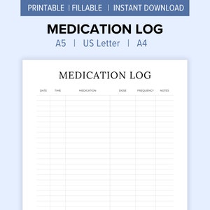 Daily Medication Log Tracker Printable | Prescription Pill Log, Schedule, and Organizer | Vitamin Tracker | Printable | Fillable