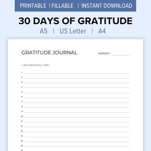 30 Days of Gratitude Journal | Printable Daily Gratitude Log | Thankfulness Journal | I Am Thankful For
