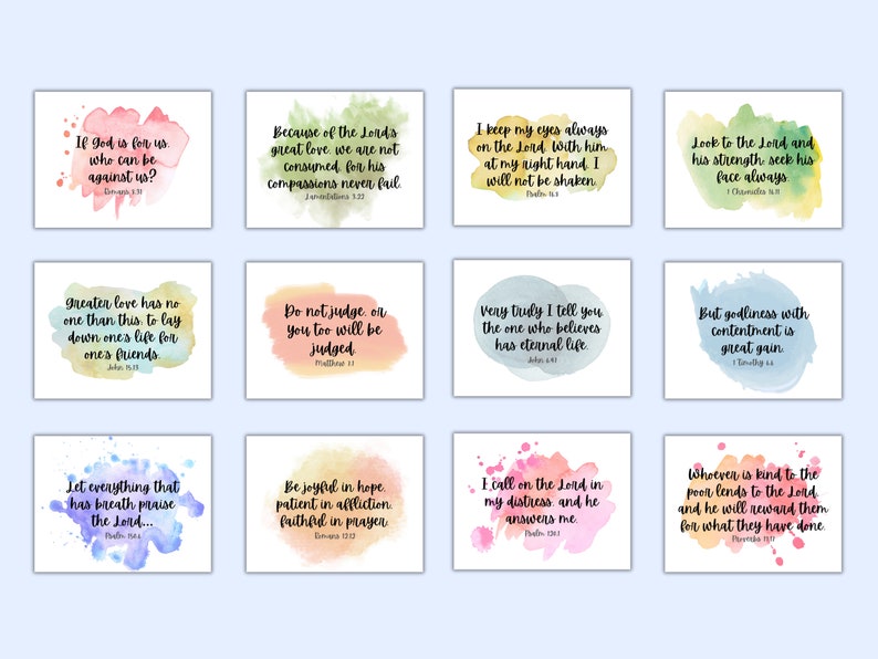 May include: Ten watercolor-painted cards with inspirational Bible verses. Each card features a different color and a different verse. The cards are perfect for encouraging friends and family.