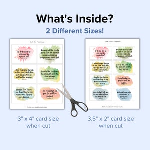 May include: Printable digital download of two sizes of cards with watercolor backgrounds and inspirational bible verses. The cards are 3 inches by 4 inches and 3.5 inches by 2 inches when cut.