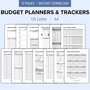 Könnte beinhalten: Ein Satz von 13 druckbaren Budgetplaner- und Tracker-Seiten in Schwarzweiß. Die Seiten beinhalten Abschnitte für finanzielle Freiheit, Geldziele, Kredit-Score, Schuldenrückzahlung, Rechnungszahlungen, Spenden, monatliche Rechnungen, monatliche Ausgaben, monatliches Budget, Ersparnisse, wöchentliche Ausgaben und jährliches Einkommen.