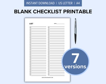 7 Blank Checklist Printable Templates | To Do List Template | Simple Daily Task List | Things to Do | Editable and Fillable