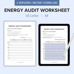 Peut inclure: Une feuille de calcul d'audit énergétique imprimable avec une grille pour suivre les niveaux d'énergie tout au long de la semaine. La feuille de calcul comprend des instructions et un espace pour noter ce qui a eu un impact positif ou négatif sur les niveaux d'énergie. La feuille de calcul est disponible en format US Letter et A4.
