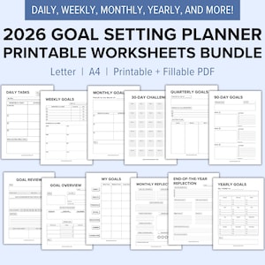 Op de afbeelding: Een 2026 doelstellingsplanner met printbare werkbladen, voorzien van zwarte tekst op witte pagina's. De collectie bevat dagelijkse taken, wekelijkse, maandelijkse, driemaandelijkse en jaarlijkse doelen, een 30-dagen uitdaging, doeloverzichten, doelbeoordelingen, maandelijkse reflecties en jaarlijkse reflecties.