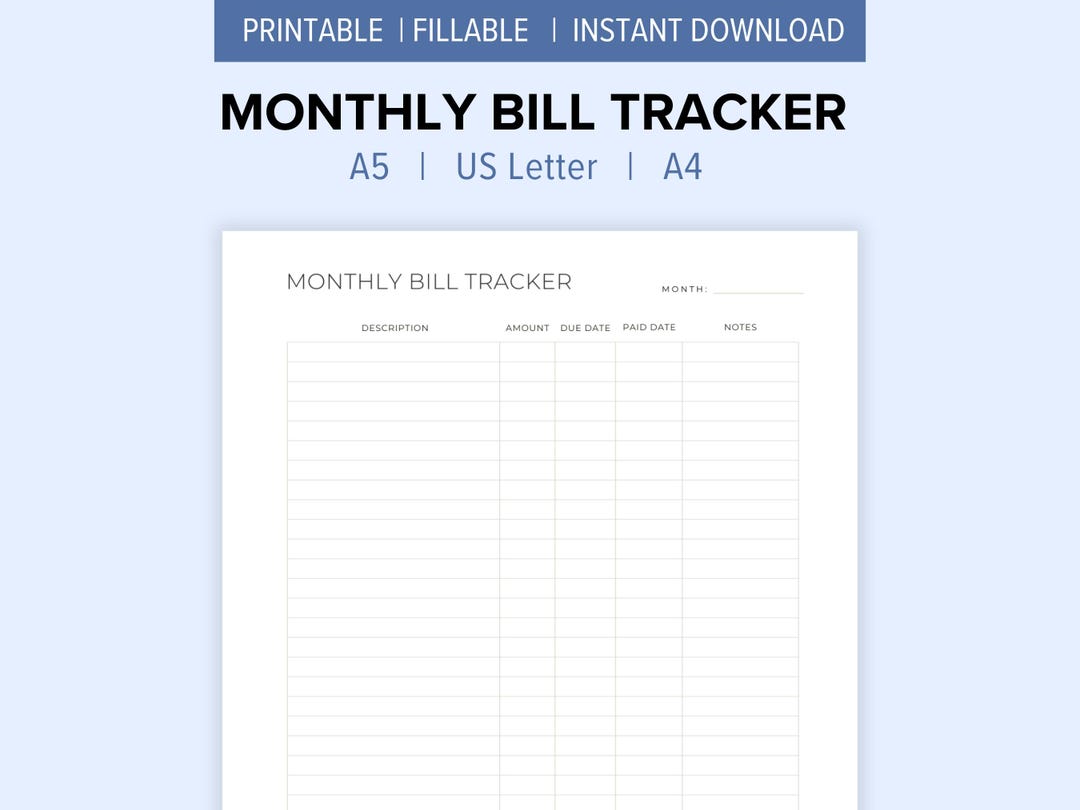Monthly Bill Tracker Printable Budget Organizer & Payment Log A4, A5