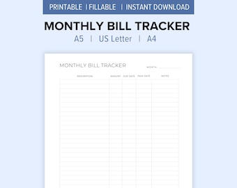 Monthly Bill Tracker Printable | Budget Organizer & Payment Log | Expense Tracker | Bill Payment Organizer | Personal Finance Planner