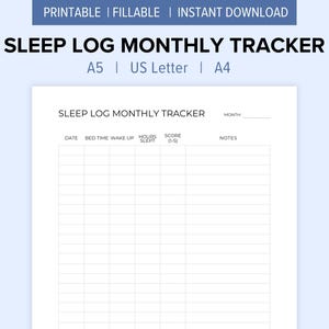 Sleep Log Monthly Tracker Printable | A5, US Letter, A4 | Fillable & Instant Download
