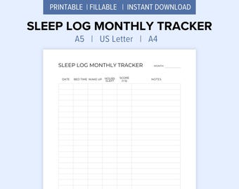 Suivi mensuel du journal du sommeil imprimable | A5, Lettre US, A4 | Remplissage et téléchargement instantané
