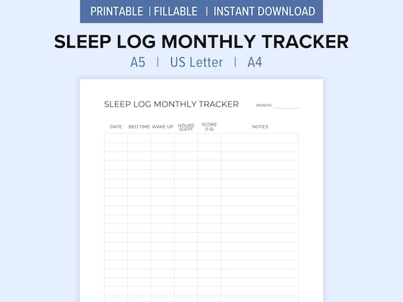 Sleep Log Monthly Tracker Printable | A5, US Letter, A4 | Fillable & Instant Download