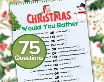 75 Printable Christmas Would You Rather Questions Game for Kids | This or That | Christmas Party Activities and Games | Holiday Party Game