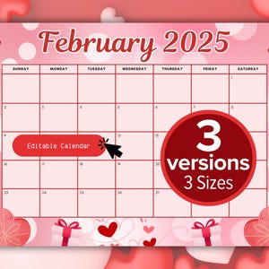 Calendario de San Valentín de febrero de 2025 editable e imprimible / Calendario con temática de invierno