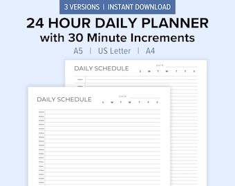 Planificador diario imprimible de 24 horas / Incrementos de 30 minutos (Descarga digital)