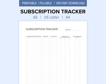 Subscription Tracker Printable | Monthly Spending Log | Membership Account Tracking | Recurring Bills | A5, US Letter, A4, Fillable