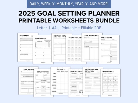 2025 Goal Setting Planner Printable Worksheets Bundle | Yearly Goal Planner with Daily, Weekly, Monthly & Quarterly Goals  | 12 Week Planner
